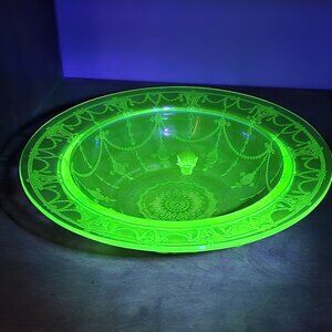 Uranium Glass 3 Footed Antique Bowl Depression Glass Green Large 11 Inches WOW!